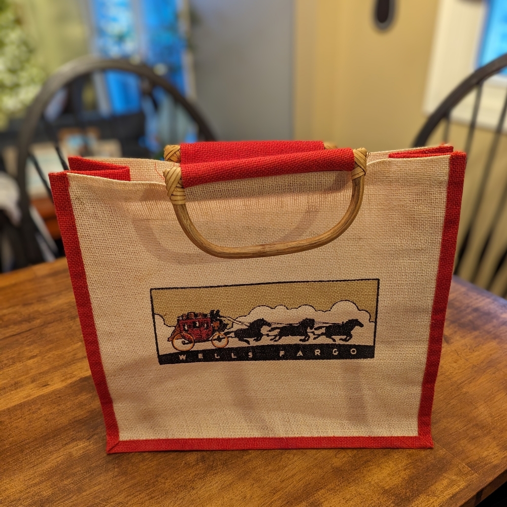 Wells Fargo burlap bag with wood handles. NWOT